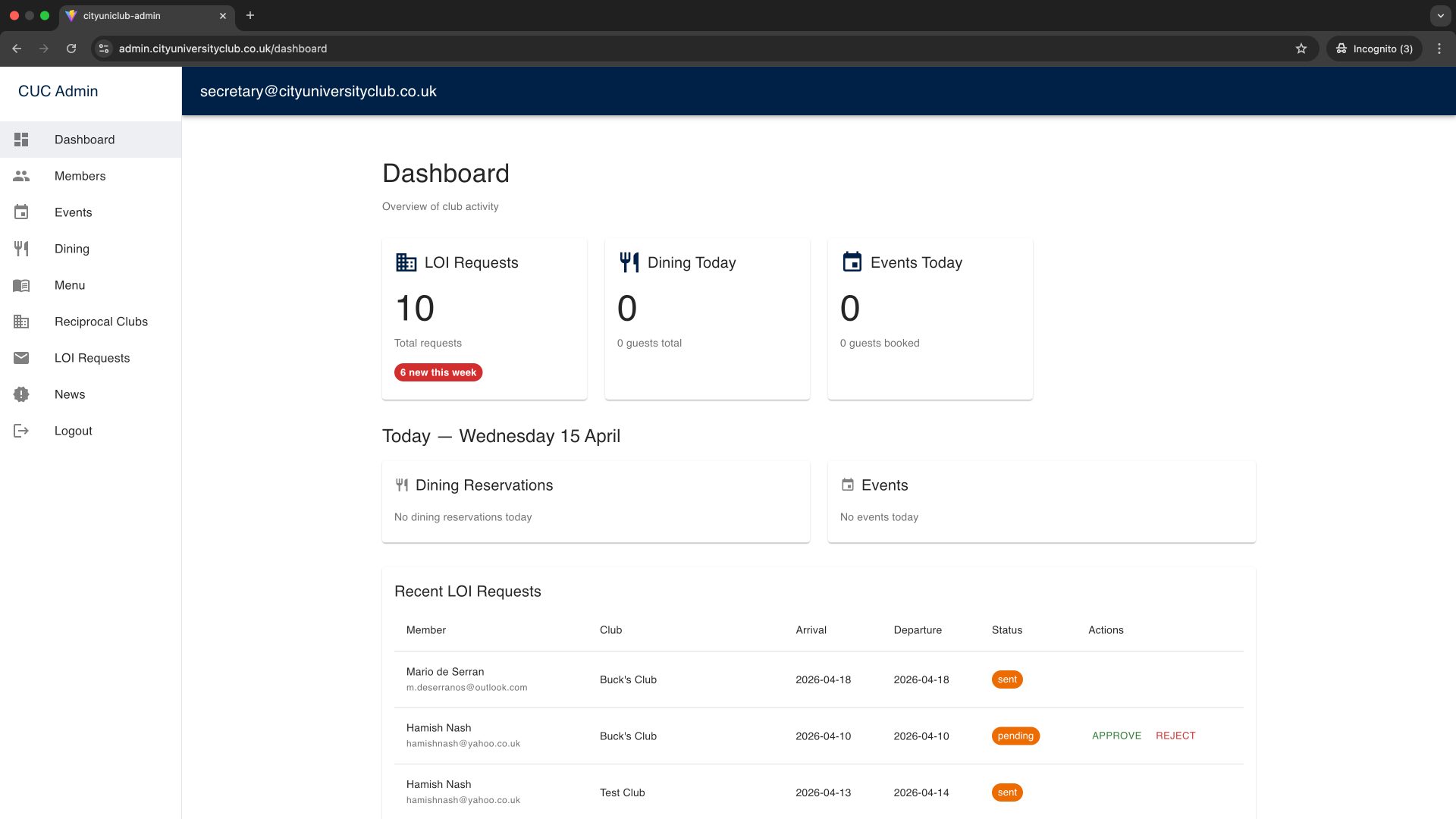 City University Club Admin Portal Dashboard